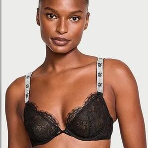 Victoria's Secret Black Lace Push-Up Bra with Logo Straps